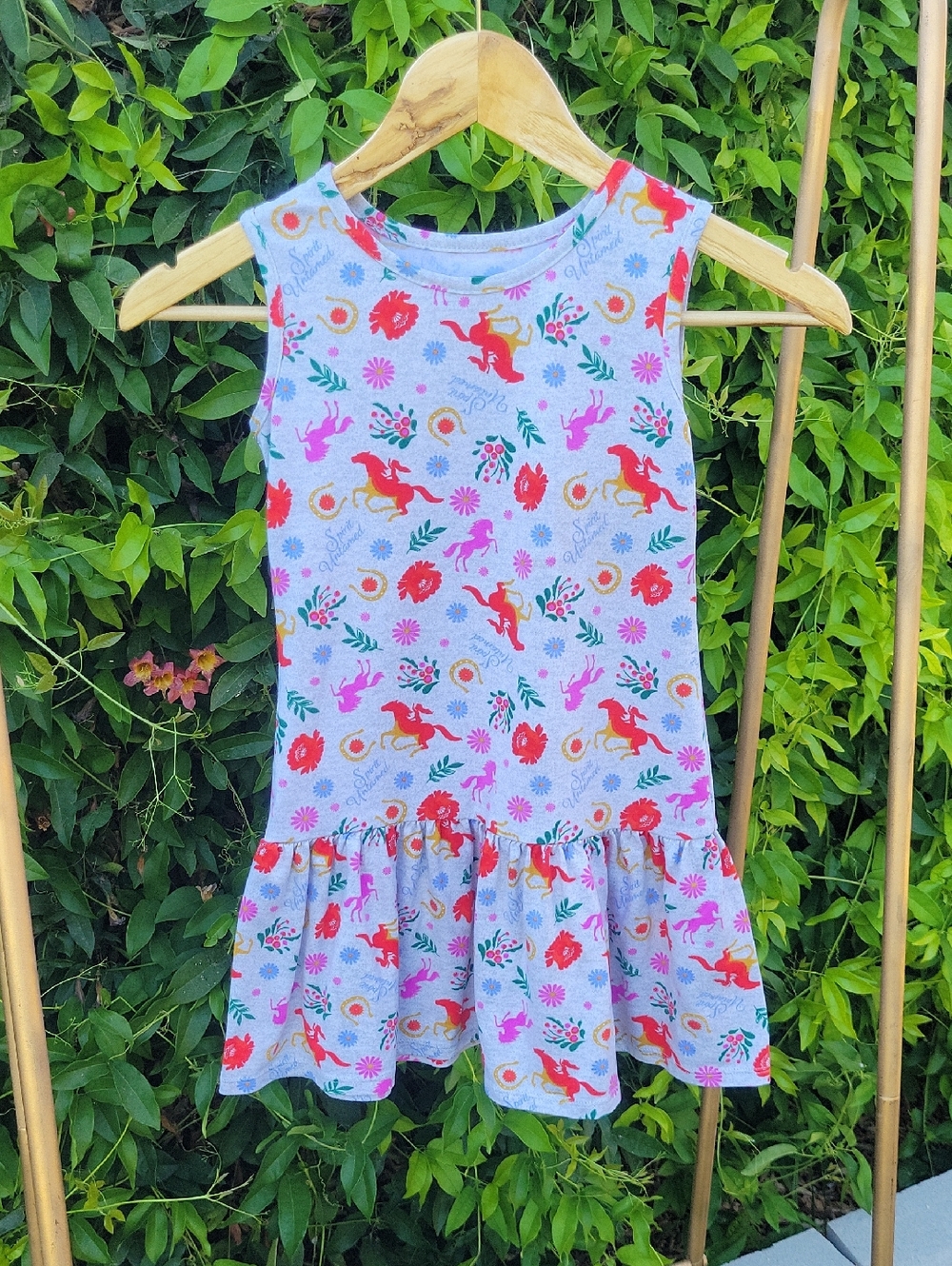 Girls' Sleeveless Ruffle-Hem Dress with Horse & Floral Print - Spirit Untamed 6